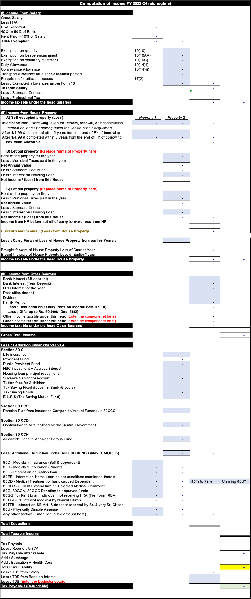 Excel Calculator to compare Tax under old and new Personal Tax Regime